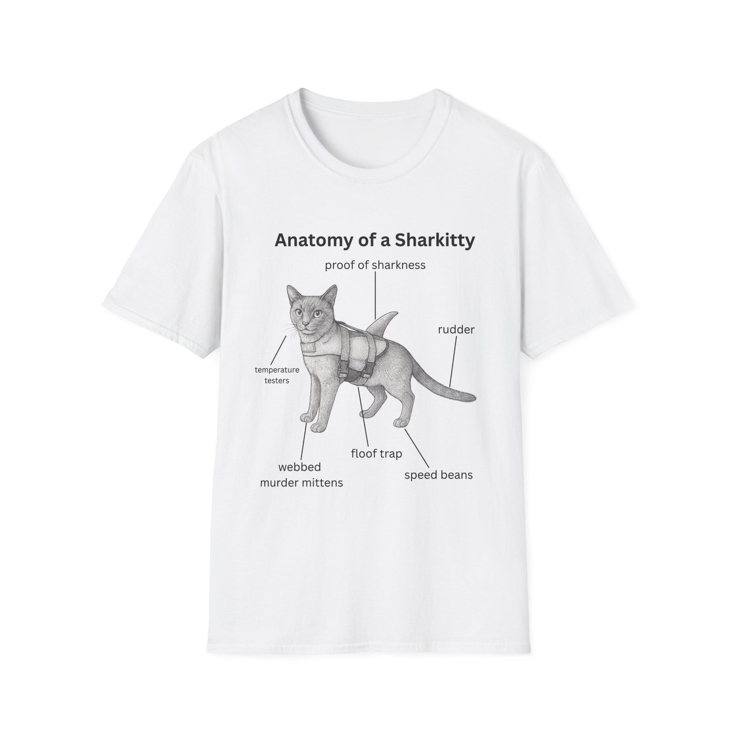 Sharkitty Anatomy T-Shirt – Funny Cat Diagram Tee (‘Anatomy of a Sharkitty’ Label)