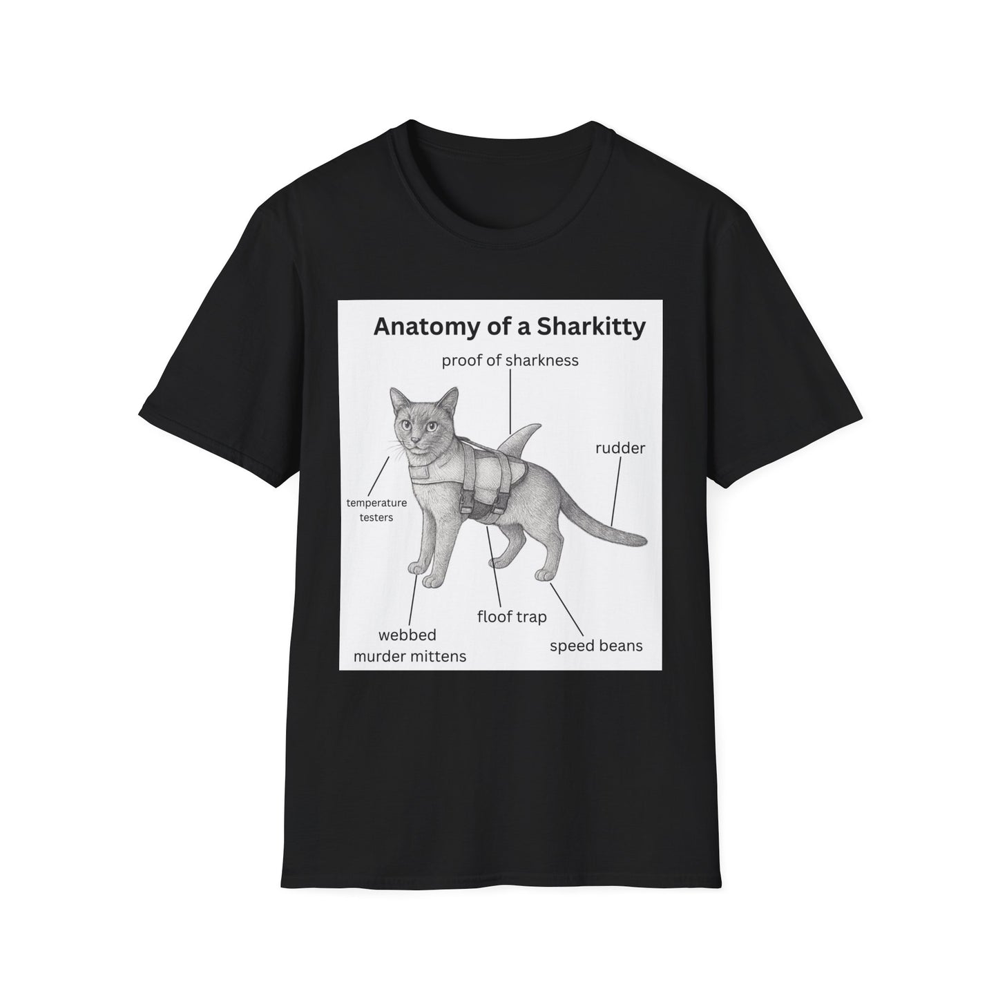 Sharkitty Anatomy T-Shirt – Funny Cat Diagram Tee (‘Anatomy of a Sharkitty’ Label)