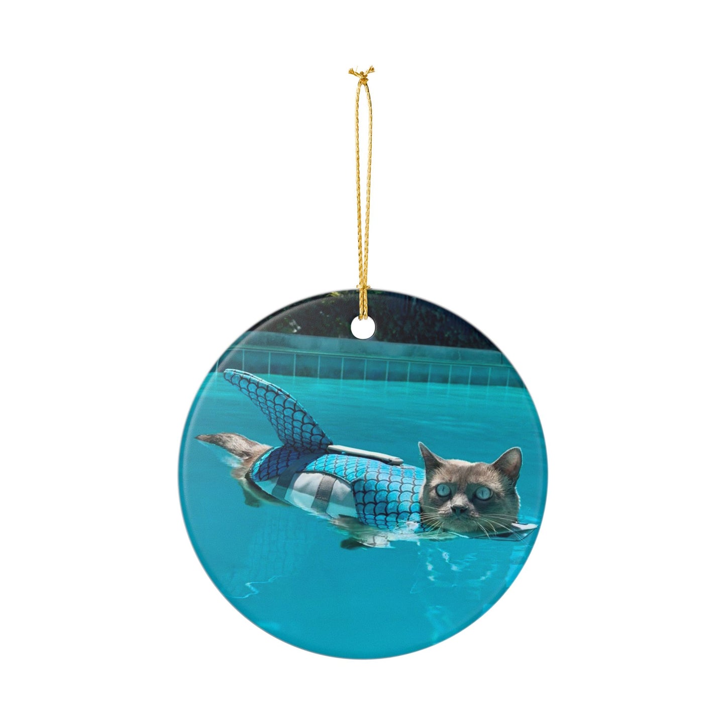 Sharkitty Ceramic Ornament — Cute Swimming Cat Holiday Decor
